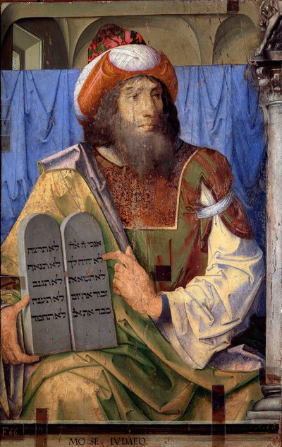 Portrætter af berømte mænd: Moses og lovtabeller. Maleri af Joos van Wassenhove (eller Justus van Gent også kendt som Josse eller Jodocus af Gent, eller Giusto di Gent eller Juste de Gent, aktiv mellem 1460-1475). Maling på træ. Mål: 74 x 115 cm. Museo N af Joos van Gent (fl.1460 75)