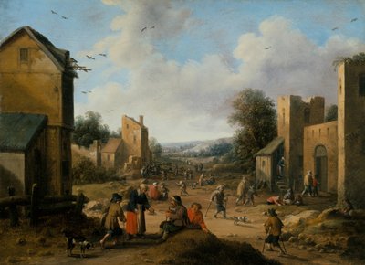 Et landsbylandskab med bønder af Joost Cornelisz. Droochsloot