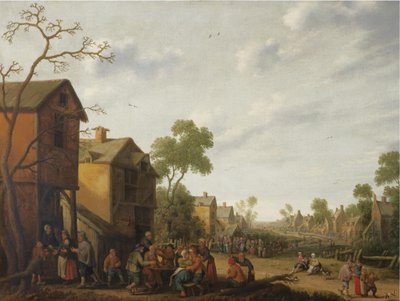En landsbyscene med bønder, der spiser og drikker uden for en kro, tiggere til venstre af Joost Cornelisz Droochsloot