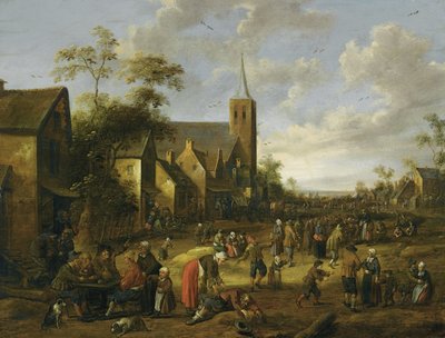 En travl landsbystrækning med mange figurer, bønder, der spiser og drikker ved et bord i forgrunden, et kirketårn bagved af Joost Cornelisz Droochsloot