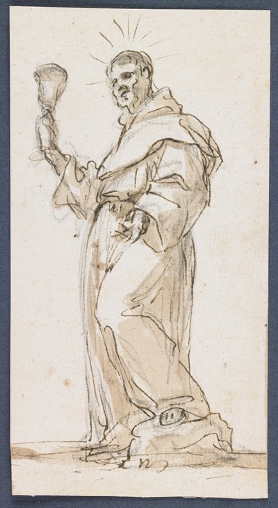 Standing Male Saint Holding a Chalice, slutningen af det 17. århundrede (pen og brunt blæk og vask over sort kridt) af Jorge Preu