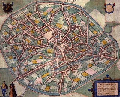Kort over Tienen, fra "Civitates Orbis Terrarum" af Georg Braun (1541-1622) og Frans Hogenberg (1535-90), ca. 1572-1617 (farvestik) af Joris (after) Hoefnagel