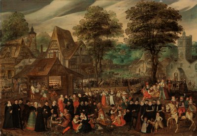 En landsbyfestival med elegant klædte figurer i procession, en flod og et tårn bagved af Joris Hoefnagel