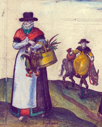 Countryfolk går på markedet, 1598 håndfarvet kobberstik detalje af 324184 af Joris Hoefnagel