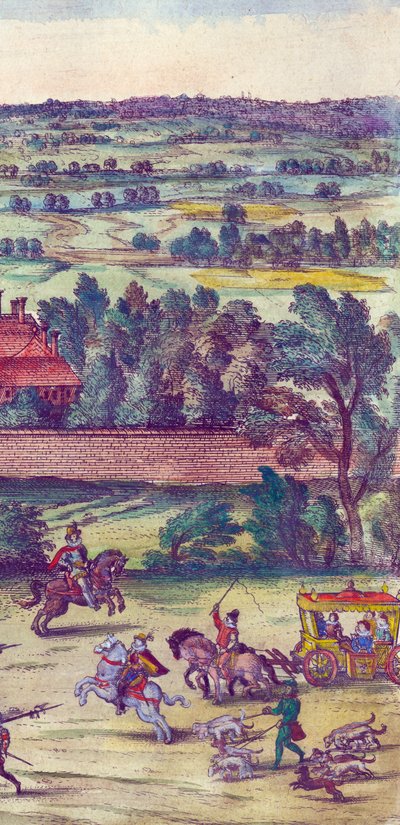 Hofmænd og jagthunde, der ledsager Dronning Elizabeth I
