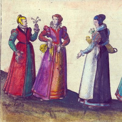 Engelske kvinder fra den elizabethanske æra, 1598 (håndkoloreret kobberstik) af Joris Hoefnagel