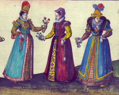 Engelske kvinder fra den elizabethanske æra, 1598 håndfarvet kobberstik detalje af 324184 af Joris Hoefnagel