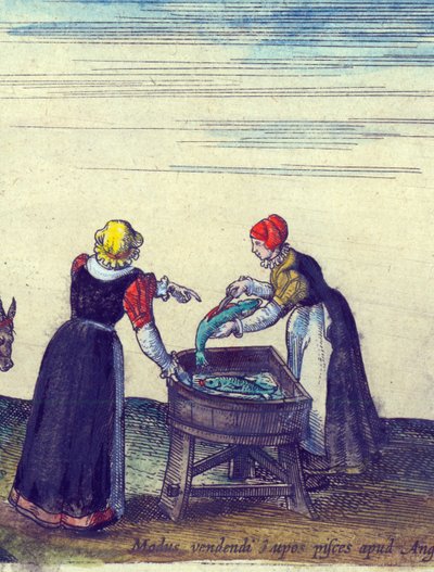 Fiskekoner, der sælger og renser gedder, 1598 håndfarvet kobberstik detalje på 324184 af Joris Hoefnagel