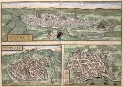Byplaner for Rouen, Nimes og Bordeaux, fra "Civitates Orbis Terrarum" af Georg Braun (1541-1622) og Frans Hogenberg (1535-90), ca. 1572 af Joris Hoefnagel