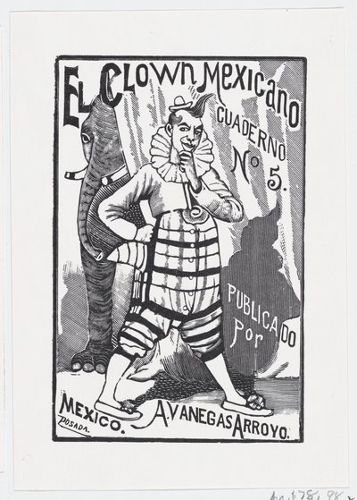 En klovn, der står med en hånd på hoften og en elefant, der kigger ud bagfra..., ca. 1880-1910. af José Guadalupe Posada
