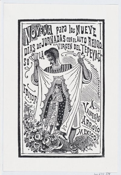 En mand holder et stykke stof op med et billede af Jomfruen, illustration til ..., ca. 1880-1910. af José Guadalupe Posada