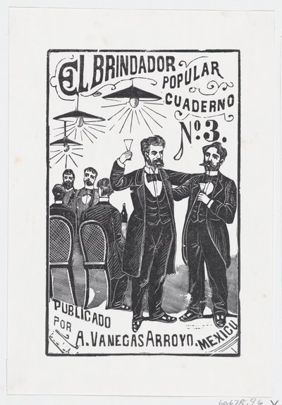En mand hæver sit glas med en gruppe mænd, der sidder ved et bord i baggrunden,..., ca. 1890-1899. af José Guadalupe Posada