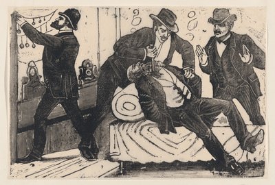 En mand, der stikker en anden mand i brystet, mens hans medarbejdere plyndrer en butik, fra en..., ca. 1890-1891. af José Guadalupe Posada