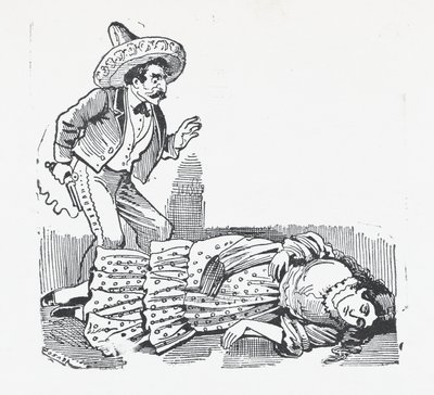 En mand med en pistol stående over en kvinde, han lige har skudt, ca. 1880-1910., ca. 1880-1910. af José Guadalupe Posada