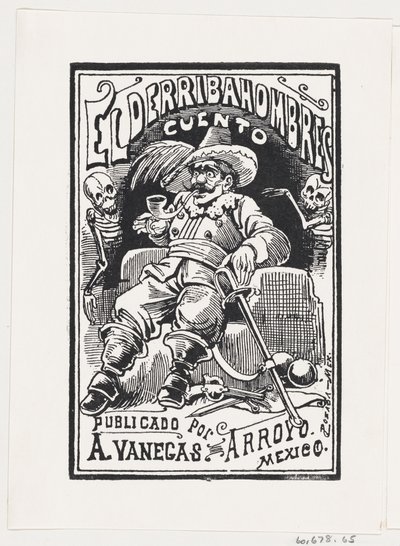 En mand med våben og et rør i munden flankeret af to skeletter, illustration..., ca. 1880-1910. af José Guadalupe Posada
