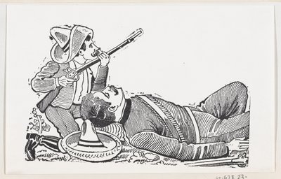 En revolutionær, der holder en riffel og knæler for at beskytte en falden revolutionær, c..., ca. 1880-1910. af José Guadalupe Posada