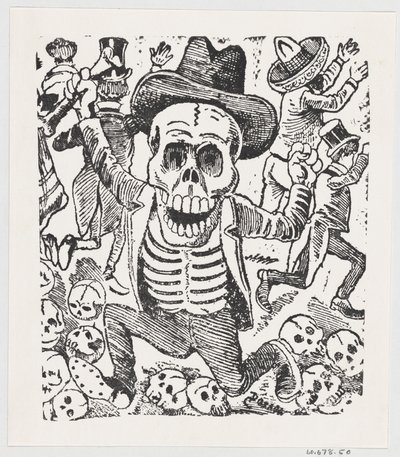 Et skelet, der holder en knogle og springer over en bunke kranier, mens folk flygter, fr..., ca. 1907. af José Guadalupe Posada