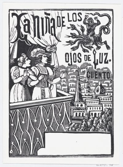 En kvinde og en mand står på en balkon og ser op på et flyvende monster på himlen..., ca. 1880-1910. af José Guadalupe Posada