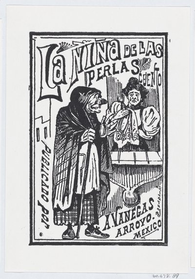 En kvinde, der græder med et lommetørklæde i hånden, taler med en gammel hage, illustration..., ca. 1880-1910. af José Guadalupe Posada