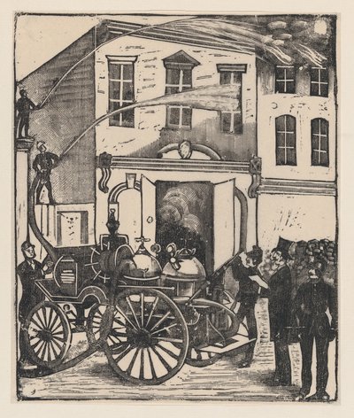 Brandmænd slukker en brand i et hus, brandbil i forgrunden, ca. 1880-1910., ca. 1880-1910. af José Guadalupe Posada