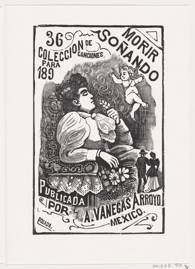 Profil af en kvinde, der sidder i en stol med hovedet tilbage og holder en blomst, il..., ca. 1890. af José Guadalupe Posada