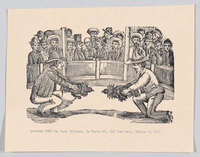 To mænd i en arena med haner som forberedelse til et slagsmål, spe..., ca 1890-1910 genoptrykt 1964. af José Guadalupe Posada