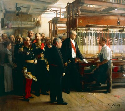 Den Franske Republiks præsident Felix Faure besøger båndfabrikantens værksted i Saint Etienne, 30. maj af Jose Frappa