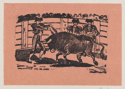 Ein Torero platziert Banderillas in die Schultern des Stiers, während zwei Männer hinter dem Stier stehen af José Guadalupe Posada