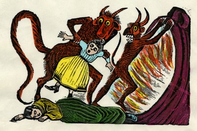 José Guadalupe Posada (1852 - 1913). Josephina Lora trækkes ind i helvede af en djævel. Xylografisk akvarel, Mexico City af Jose Guadalupe Posada