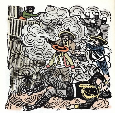 Den mexicanske revolution (1910-1920): angreb på Aquiles Serdans hus (1876-1910). Xylografi af Jose Guadalupe Posada (1852-1913). af José Guadalupe Posada