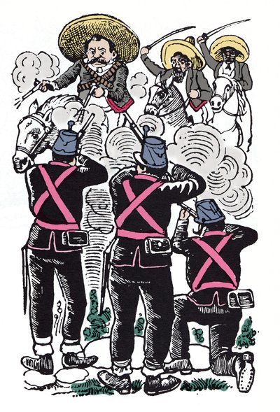 Den mexicanske revolution (1910-1920): De føderales kamp mod de revolutionære tropper fra Emiliano Zapata (kendt som El Caudillo del Sur). af José Guadalupe Posada