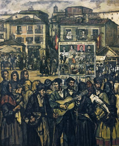 GUTIERREZ SOLANA, Jose (1886-1945). El cartel del crimen (El musico ciego) - forbryderkartellet (den blinde musiker). ca. 1920. (78 x 64 cm). Olie på lærred. Privat samling af Jose Gutierrez Solana