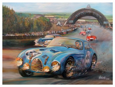 John Manuel Fangio på Le Mans 1950 Gordini Typr 18S (akryl på lærred) af Jose Maria Villafuerte
