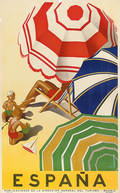 Plakat, der reklamerer for Spanien, udgivet af den spanske statslige turistafdeling (farvelitografi) af Jose Morell