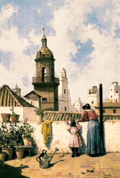 Tagterrasse i Cadiz. En mor og datter vander sandsynligvis planterne med vandkanden midt på terrassen. Maleri af Jose PEREZ SIGUIMBOSCUM (1800-tallet), slutningen af det 19. århundrede Olie på lærred. Cadiz, Museo Provincial de Cadiz. af Jose Perez Siguimboscum