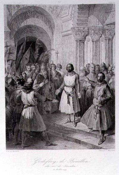 Godfrey of Bouillon (ca. 1060-1100) valgt til konge af Jerusalem, graveret af Leopold Massard (1812-89) (gravering) af Jose de (after) Madrazo y Garreta