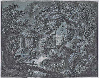 Mølle i et skovlandskab med flere mennesker og en kæmpe af Josef Abel