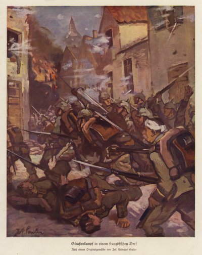 Gadekamp i en fransk landsby, Første Verdenskrig (farve litho) af Josef Andreas Sailer