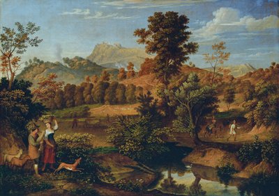 Italiensk landskab med en bonde, der pløjer (The Serpentara nær Olevano, Landskab nær Paliano) af Josef Anton Koch