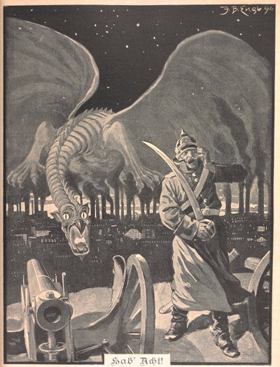 Tegning til digtet "Som nat". En drage, der produceres af røgen fra fabrikker, bag en tysk soldat. En surrealistisk scene. af Josef Benedikt engl