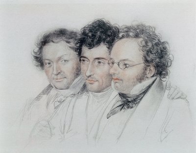 Fra venstre mod højre venner af komponisterne Johann Baptist Jenger (1793-1856), Anselm Huttenbrenner (1794-1868) og Franz Schubert (1797-1828), pastel af Josef Teltscher af Josef Eduard Teltscher