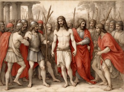 Jesus_ hånet og slået af romerske soldater_02 af Josef Johann Michel