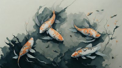 blækmaleri: Koi karpefisk_03 af Josef Johann Michel