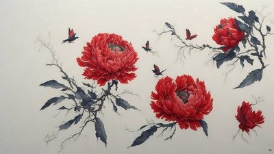 blækmaleri: PØON i rød_01 af Josef Johann Michel