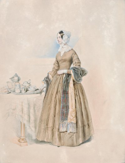 Portræt af prinsesse Leopoldine Karoline Palffy, født grevinde Kaunitz-Rietberg (hustru til den tredje prins Anton Karl Palffy), stående ved et dækket tebord af Josef Kriehuber