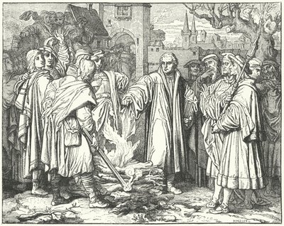 Martin Luther brænder den pavelige tyr i Wittenberg, 1520 af Josef Mathias Trenkwald