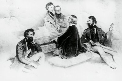 Matiné hjemme hos Liszt, fra venstre mod højre, Kriehuber, komponist Hector Berlioz (1803-1869), Carl Czerny (1791-1857) Liszts lærer, Franz Liszt (1811-1866) og violinist Heinrich Wilhelm Ernst (1840-1865), Litografi af Josef Kriehuber (1800-1876) af Josef Nikolaus Kriehuber