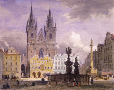 Krocín-fontænen, Prag, 1864 (farvet stålgravering) af Josef Vojtech Hellich