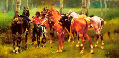 ""Gruppen af ​​husarer og heste i skoven"" Maleri af Josep Cusachs i Cusachs (1851-1908). 1905. af Josep Cusachs y Cusachs