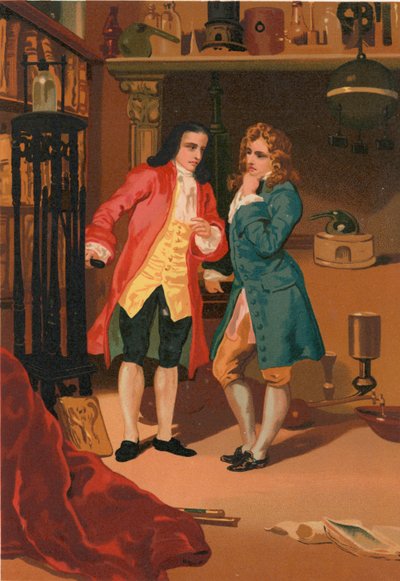 Robert Boyle og Denis Papin inspicerer Papins dampbeholder af Josep or Jose Planella Coromina